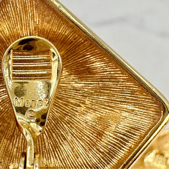 Vintage Monet Clip-On Earrings 1980s Signed Cream Enamel and Gold-tone Geometric - Picture 2 of 8